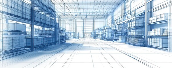 Logistics warehouse wireframe, with a focus on the cargo management system and automated machinery, in a 3D sketch format
