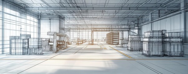 Logistics warehouse wireframe, with a focus on the cargo management system and automated machinery, in a 3D sketch format