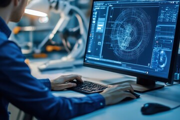 CAD designer analyzing mechanical parts on screen