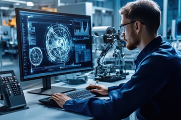 Technician analyzing futuristic data on computer monitor.