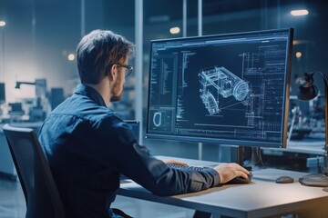Person working on computer with technical blueprints