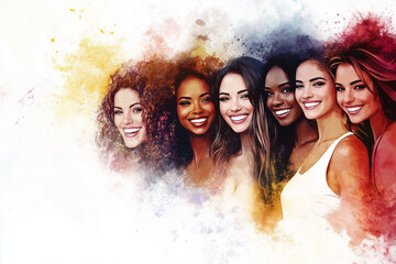 Happy Women Group for International Women’s Day Banner – Watercolor Style Illustration