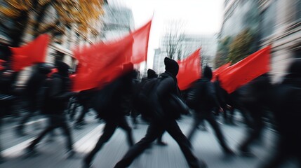 antifa march, side view, side profile, long shot, motion blur