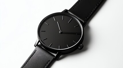 A black wristwatch with a leather band on a white background.
