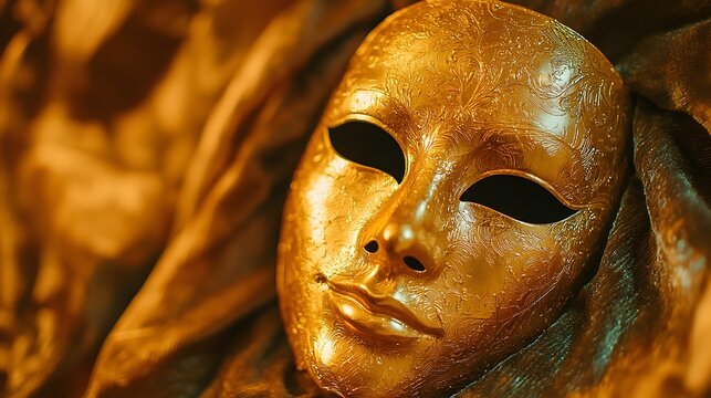 Exquisite gold mask resting on a rich velvet surface,symbolizing mystery and grandeur