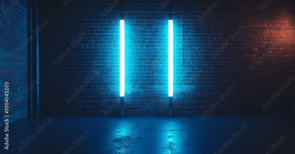 Poster three dimensional rendering of a brick wall illuminated by neon blue light. abstract background. lig