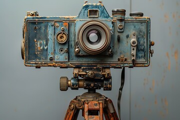 A vintage camera with a blue lens sits on a tripod