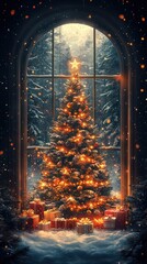 Fototapeta premium Beautifully Decorated Christmas Tree with Gifts by the Window, Snowy Winter Wonderland