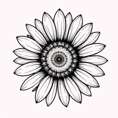 Modern illustration features an isolated black-and-white drawing of a continually drawn sunflower Isolated Linear Sketch on White Background