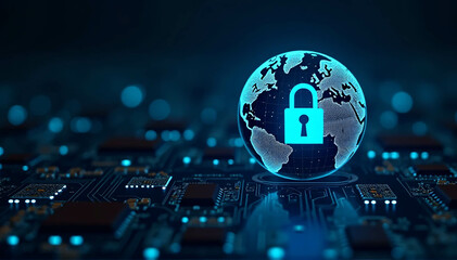 Globe or digital planet earth on a dark background with a digital padlock over a circuit board. notion of digital defense and worldwide cybersecurity.
