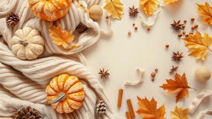 Fototapeta premium Autumn composition, warm blanket, miniature pumpkins, golden leaves, pine cone