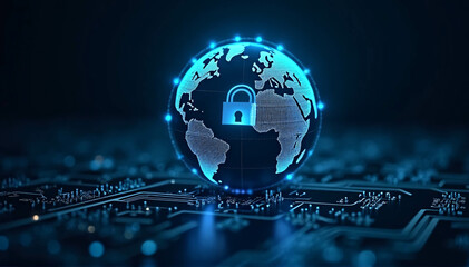 Globe or digital planet earth on a dark background with a digital padlock over a circuit board. notion of digital defense and worldwide cybersecurity.
