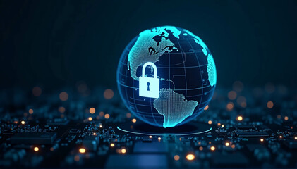 Globe or digital planet earth on a dark background with a digital padlock over a circuit board. notion of digital defense and worldwide cybersecurity.
