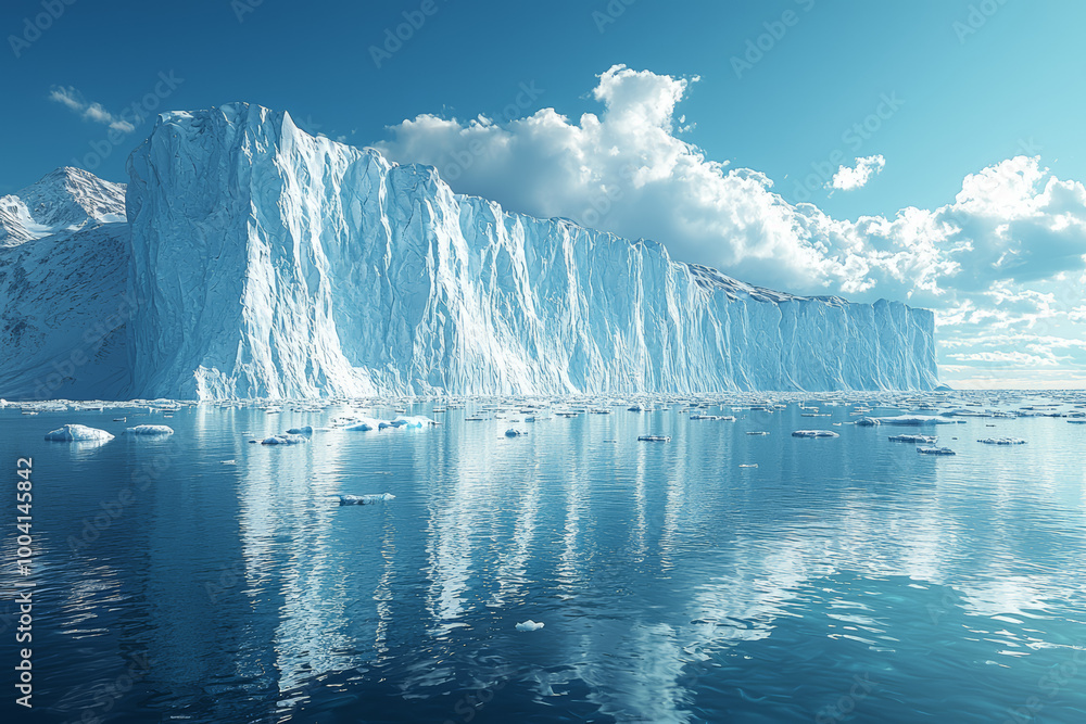 Poster an impressive view of a massive glacier slowly calving into the sea, with icebergs floating in the w