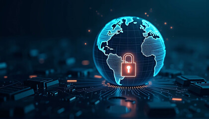 Globe or digital planet earth on a dark background with a digital padlock over a circuit board. notion of digital defense and worldwide cybersecurity.
