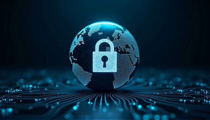 Globe or digital planet earth on a dark background with a digital padlock over a circuit board. notion of digital defense and worldwide cybersecurity.
