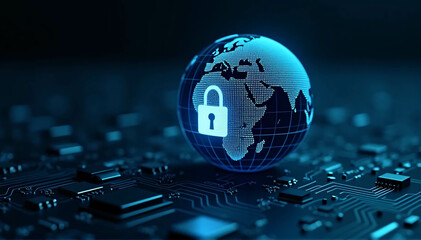 Globe or digital planet earth on a dark background with a digital padlock over a circuit board. notion of digital defense and worldwide cybersecurity.
