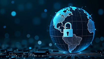 Globe or digital planet earth on a dark background with a digital padlock over a circuit board. notion of digital defense and worldwide cybersecurity.
