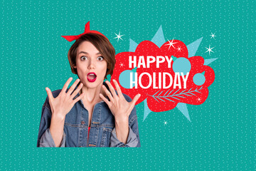 Creative collage picture young shocked astonished woman speechless stupor reaction happy holiday...