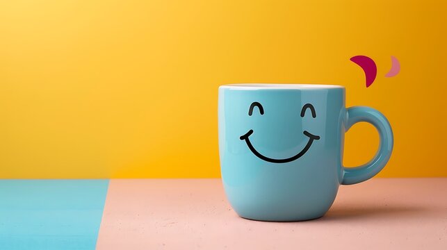 world smile day and coffee day concept happy face of blue coffee cup isolated on colorful background