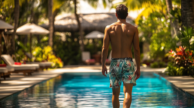 A man in a swimsuit is walking in a pool
