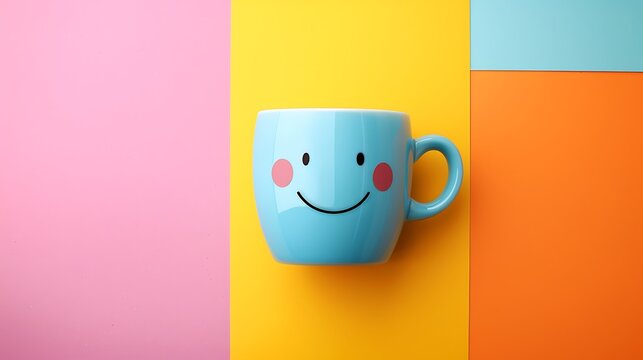 world smile day and coffee day concept happy face of blue coffee cup isolated on colorful background