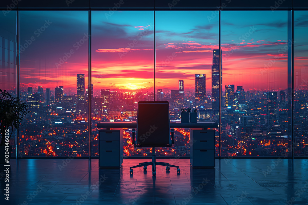Poster an empty glass office cubicle with a single, neatly organized desk and a view of a serene cityscape,