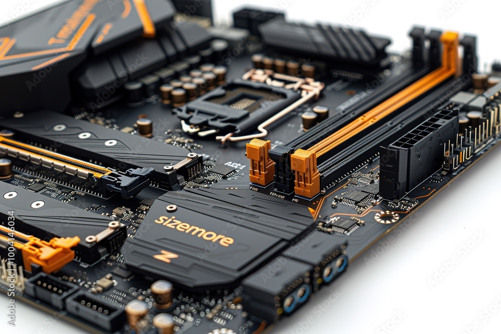 Poster a black and orange computer case with the word sizenmore on the front