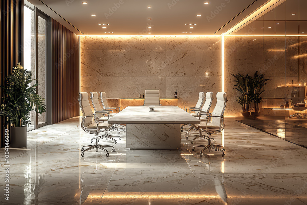 Poster an empty boardroom with a single, elegantly designed table and a few minimalist chairs, highlighting