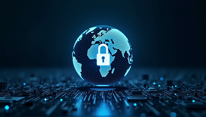 Globe or digital planet earth on a dark background with a digital padlock over a circuit board. notion of digital defense and worldwide cybersecurity.
