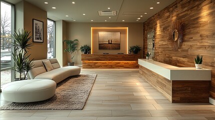 Fototapeta premium A warm, modern reception area with neutral walls, wooden accents, and minimalist d cor