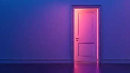Vibrant Blue and Purple Hued Minimalist Room Corridor with Glowing Doorway