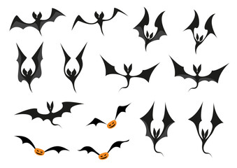 Collection of vector images for Halloween holiday. Set of bats and flying pumpkins with different wing positions.  