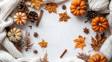 Autumn composition, warm blanket, miniature pumpkins, golden leaves, pine cone