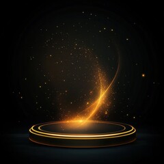 Golden Glow Podium with Sparkling Particles.