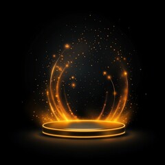Glowing Golden Light Podium with Sparkling Particles on Black Background.