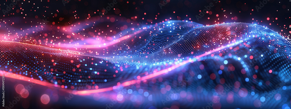 Wall mural a wave of glowing neon particles moving in a futuristic design, representing the flow of data in a h