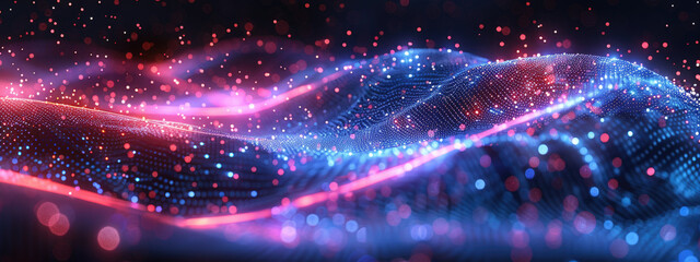 Fototapeta premium A Wave of Glowing Neon Particles Moving in a Futuristic Design, Representing the Flow of Data in a High-Tech World