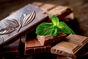 black chocolate design with mint on wooden background