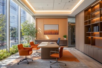 A modern office space with minimalistic decors illuminated by a beam of natural light from a large window, showcasing the details of the furniture and the texture of the walls. 