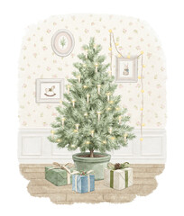 Watercolor vintage green classic Christmas tree in pail with garland of candles with gift boxes in cozy room isolated on white background. Hand drawn illustration sketch