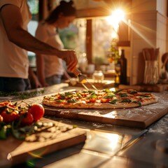 A person making homemade pizza in the kitchen