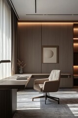 A modern office space with minimalistic decors illuminated by a beam of natural light from a large window, showcasing the details of the furniture and the texture of the walls. 