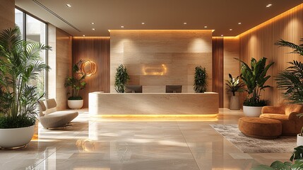 Minimalist reception space with clean lines, warm beige tones, and natural wood accents creating a cozy atmosphere