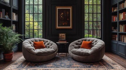dark wall provides a moody backdrop for two plush velvet armchairs centered within the space inviting relaxation and contemplation in an intimate setting