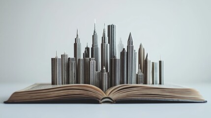 Fototapeta premium miniature skyscrappers on an open book, white background, copy space for text