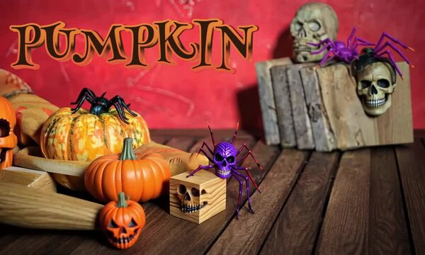 D&eacute;cor d'Halloween avec des citrouilles, araign&eacute;es, t&ecirc;tes de mort et monstres, avec le texte "Pumpkin" en anglais ambiance effrayante et festive