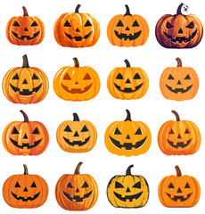 Halloween Pumpkin Jack-o'-Lantern Illustration Set with Transparent Background for Design Elements and Overlays