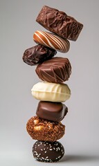 Stack of Assorted Gourmet Chocolates Isolated on Gray Background