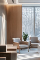 A modern office space with minimalistic decors illuminated by a beam of natural light from a large window, showcasing the details of the furniture and the texture of the walls. 